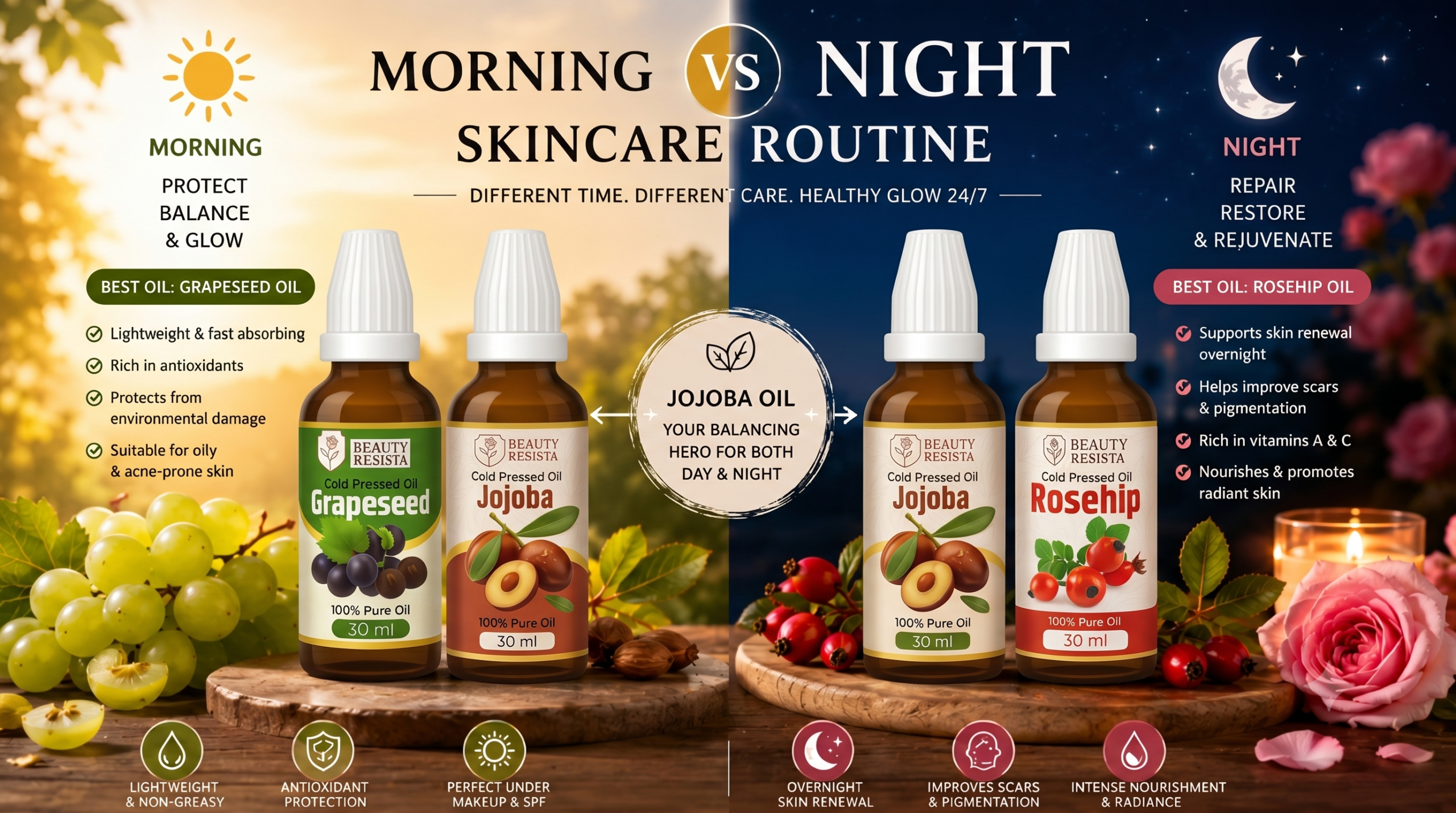 Morning vs night skincare routine featuring Beauty Resista jojoba, grapeseed, rosehip, argan, and sea buckthorn oils for healthy glowing skin.