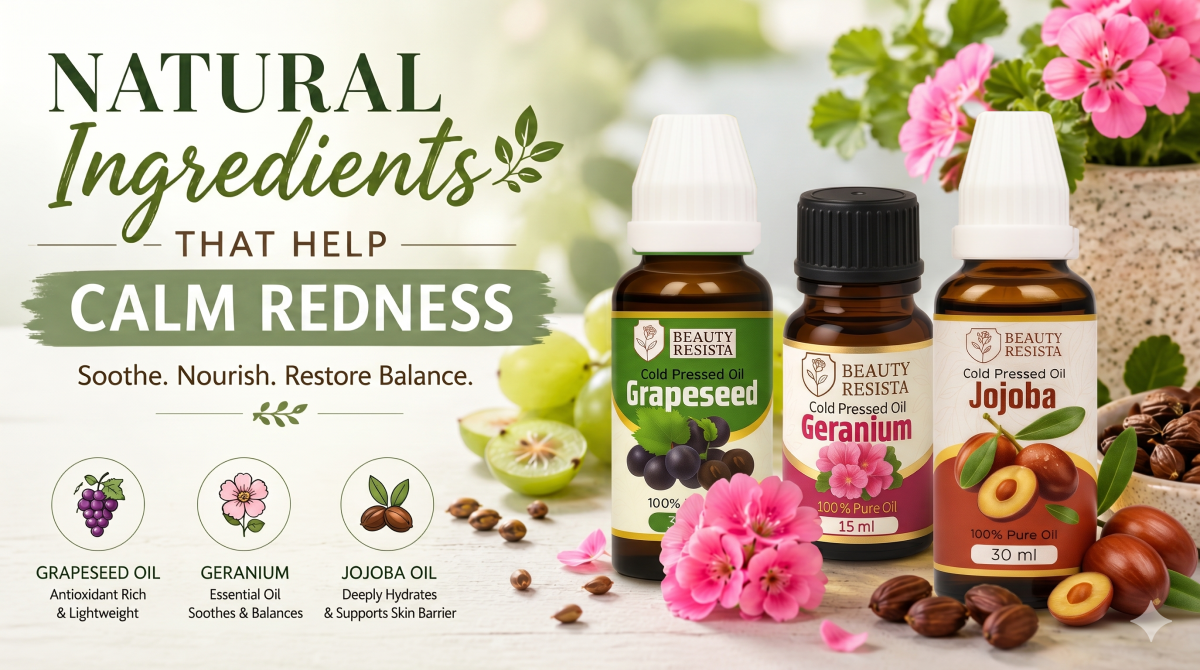 Natural ingredients that help calm redness featuring Beauty Resista Grapeseed Oil, Jojoba Oil, and Geranium Essential Oil for sensitive skin.
