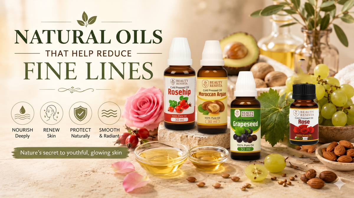 Natural oils that help reduce fine lines featuring Beauty Resista Rosehip Oil, Argan Oil, Jojoba Oil, Sea Buckthorn Oil, and Grapeseed Oil for youthful-looking skin.