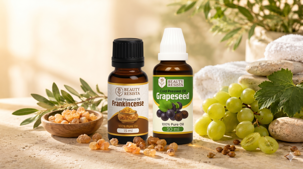 Natural remedies for skin inflammation featuring Beauty Resista Grapeseed Oil and Frankincense Essential Oil for soothing and nourishing sensitive skin.