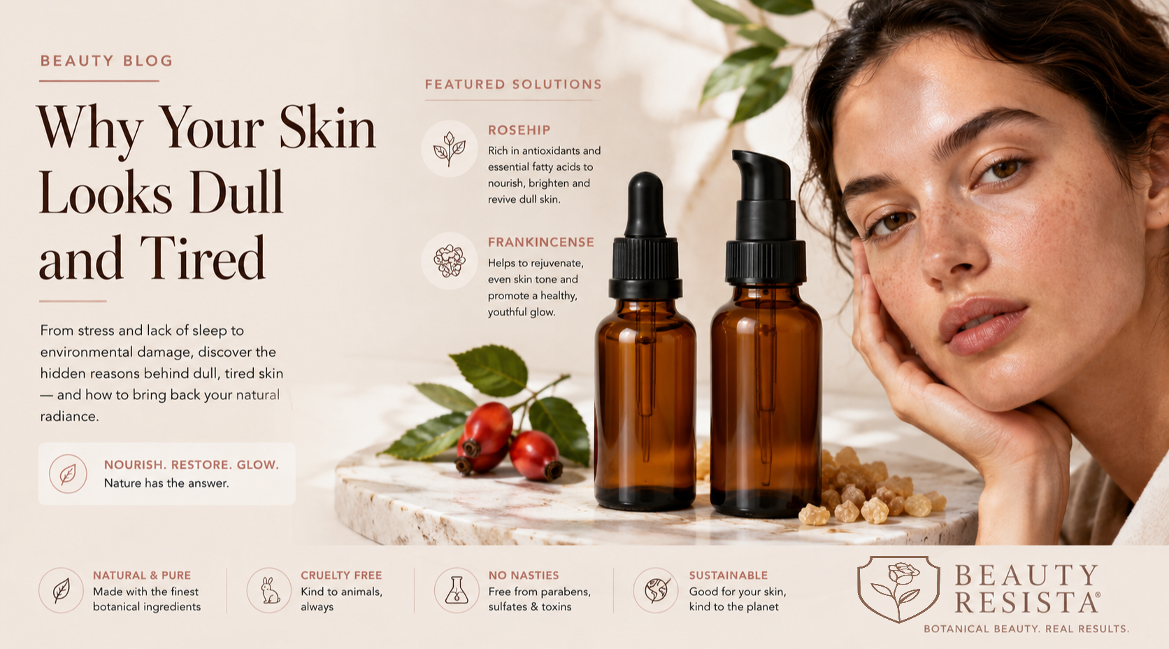 Why your skin looks dull and tired with Beauty Resista Rosehip Oil and Frankincense Essential Oil for naturally radiant skin.