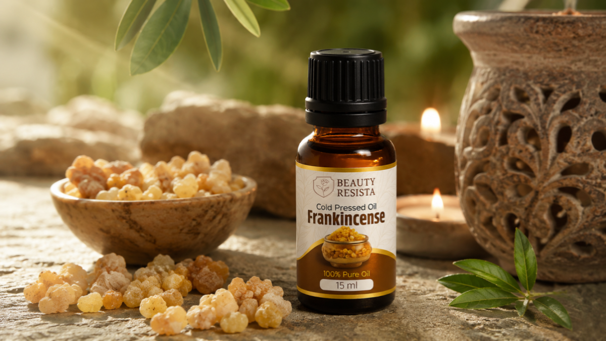 Frankincense Oil benefits for youthful-looking skin featuring Beauty Resista Frankincense Essential Oil with Grapeseed Oil and Rosehip Oil.