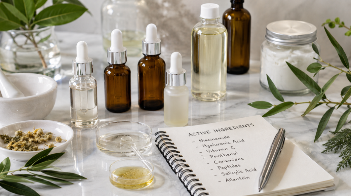 Functional active ingredients used in DIY cosmetics including niacinamide, hyaluronic acid, panthenol, ceramides, and botanical extracts.