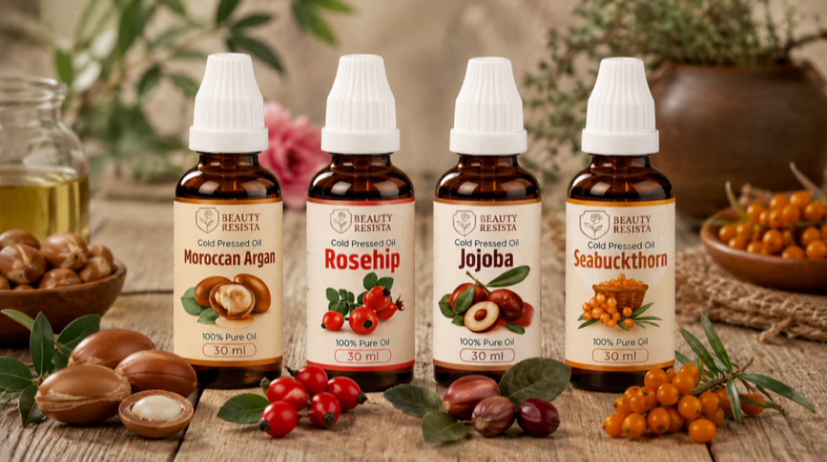 Natural anti-aging routine using plant oils including rosehip, jojoba, argan, pomegranate, and sea buckthorn oils for youthful skin.