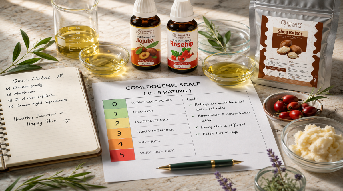 Understanding comedogenic ratings chart with Beauty Resista Rosehip Oil, Jojoba Oil and Shea Butter illustrating how skincare ingredients affect pore-clogging potential and choosing oils for different skin types.
