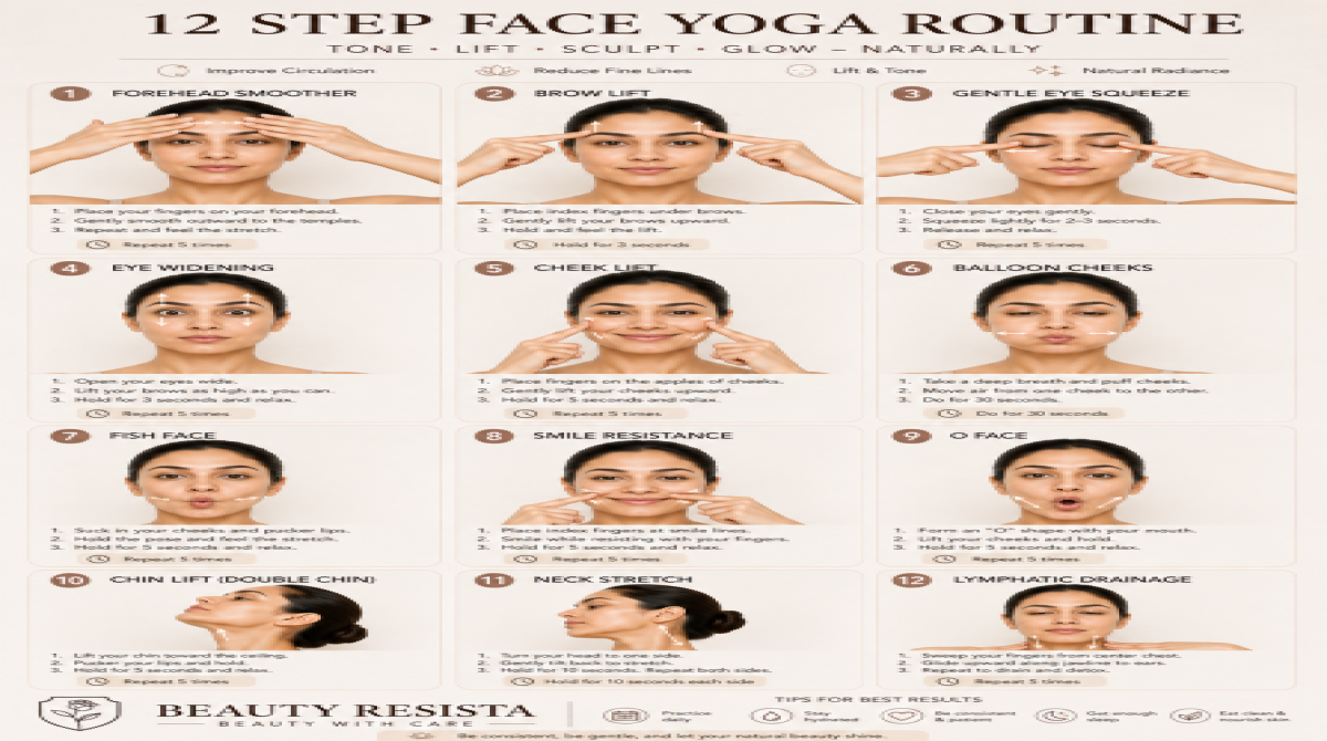 12-step face yoga routine infographic showing forehead, eye, cheek, jawline, neck, and lymphatic drainage exercises for healthy-looking skin