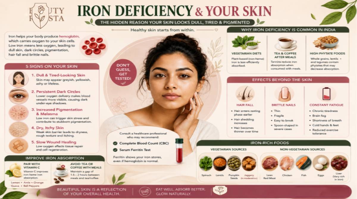 Educational infographic by Beauty Resista explaining how iron deficiency affects skin health, highlighting dull skin, dark circles, pigmentation, dry skin, hair fall, brittle nails, fatigue, iron-rich foods, causes of iron deficiency, and tips to improve iron absorption naturally.
