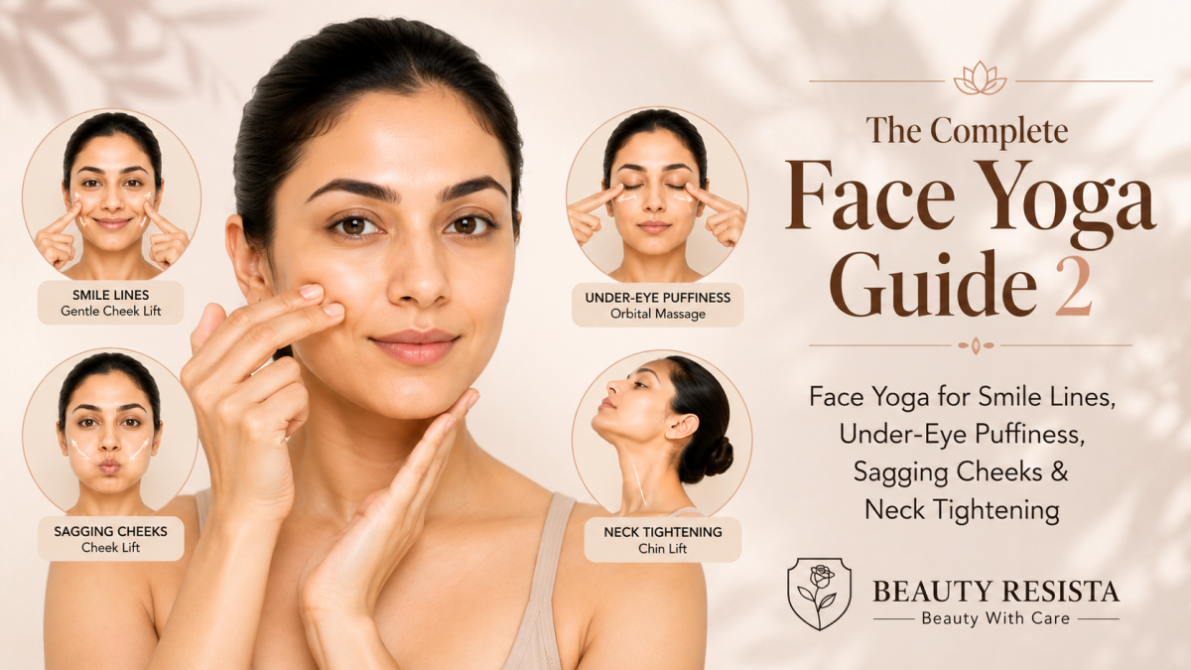 The Complete Face Yoga Guide 2 featuring face yoga exercises for smile lines, under-eye puffiness, sagging cheeks, and neck tightening