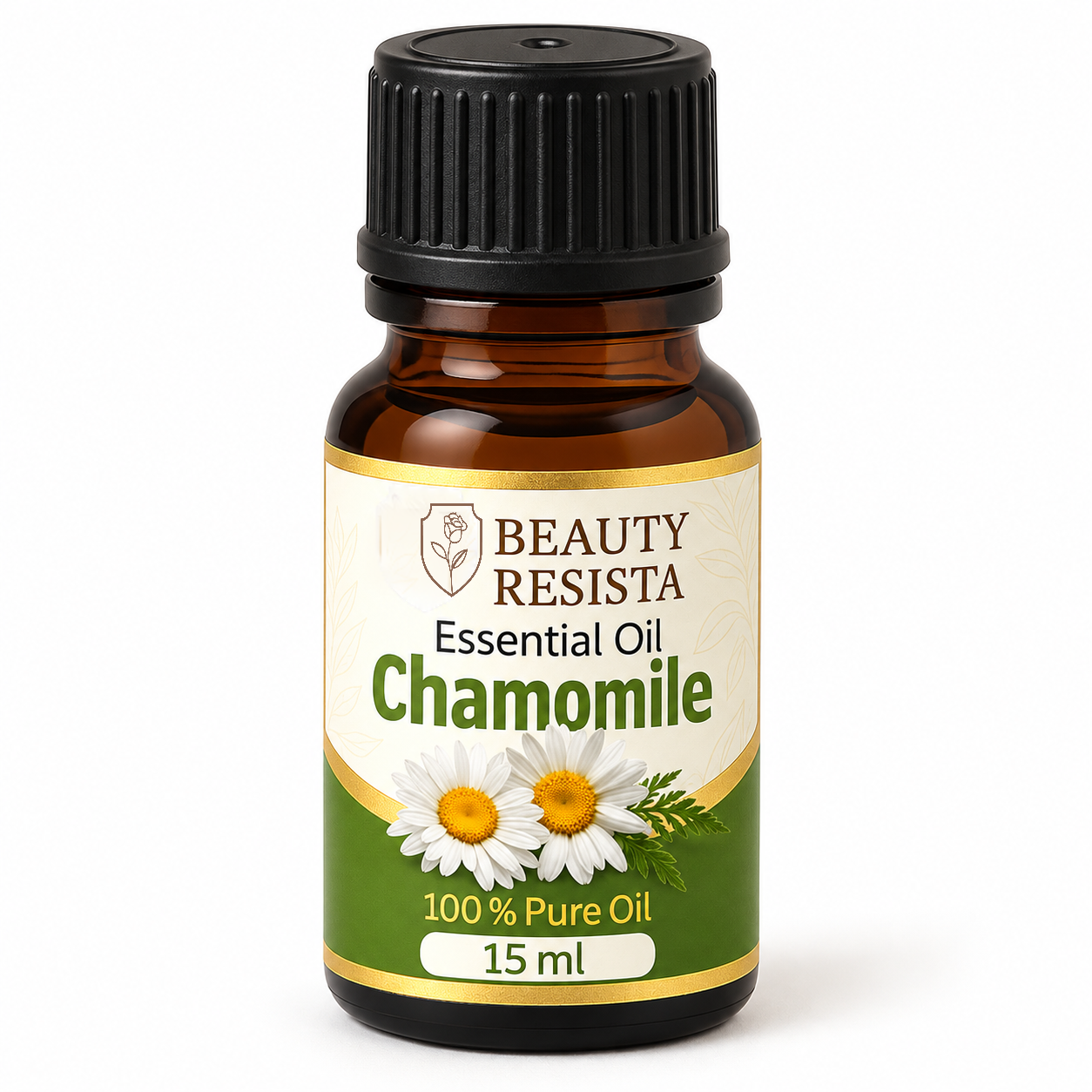 Beauty Resista Chamomile Essential Oil 15ml in an amber glass dropper bottle, concentrated botanical essential oil for skincare, scalp care and aromatherapy formulations.