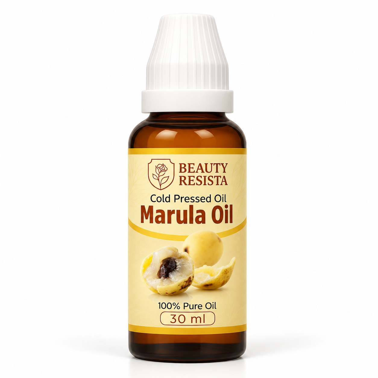 Beauty Resista Marula Oil in a 30 ml amber glass dropper bottle, featuring pure botanical carrier oil for skin and hair care.