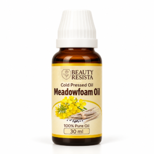 Beauty Resista Meadowfoam Oil in a 30 ml amber glass dropper bottle, featuring botanical carrier oil for skin, hair and DIY cosmetic formulations.