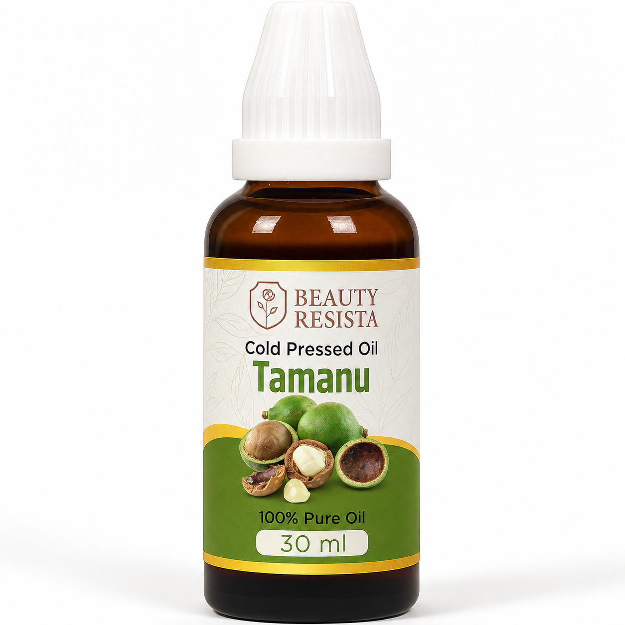 Cold Pressed Tamanu Oil in a 30 ml amber glass bottle, featuring 100% pure oil