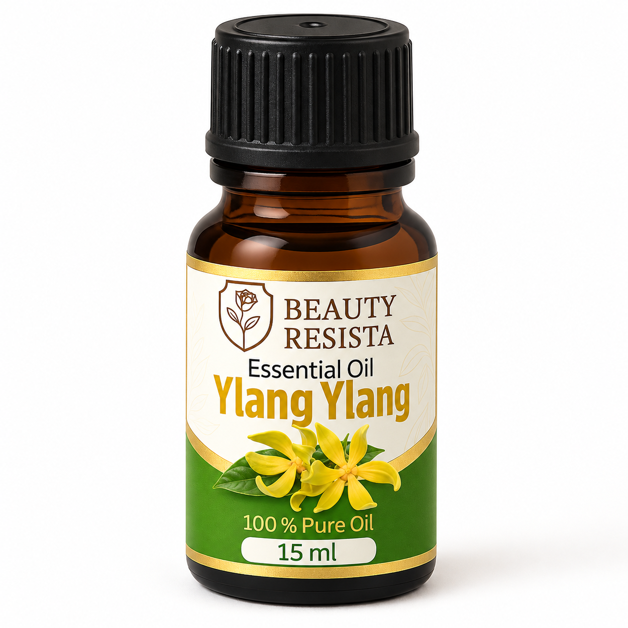 Beauty Resista Ylang Ylang Essential Oil 15ml in an amber glass bottle, pure floral essential oil for hair, scalp, skincare and aromatherapy formulations.