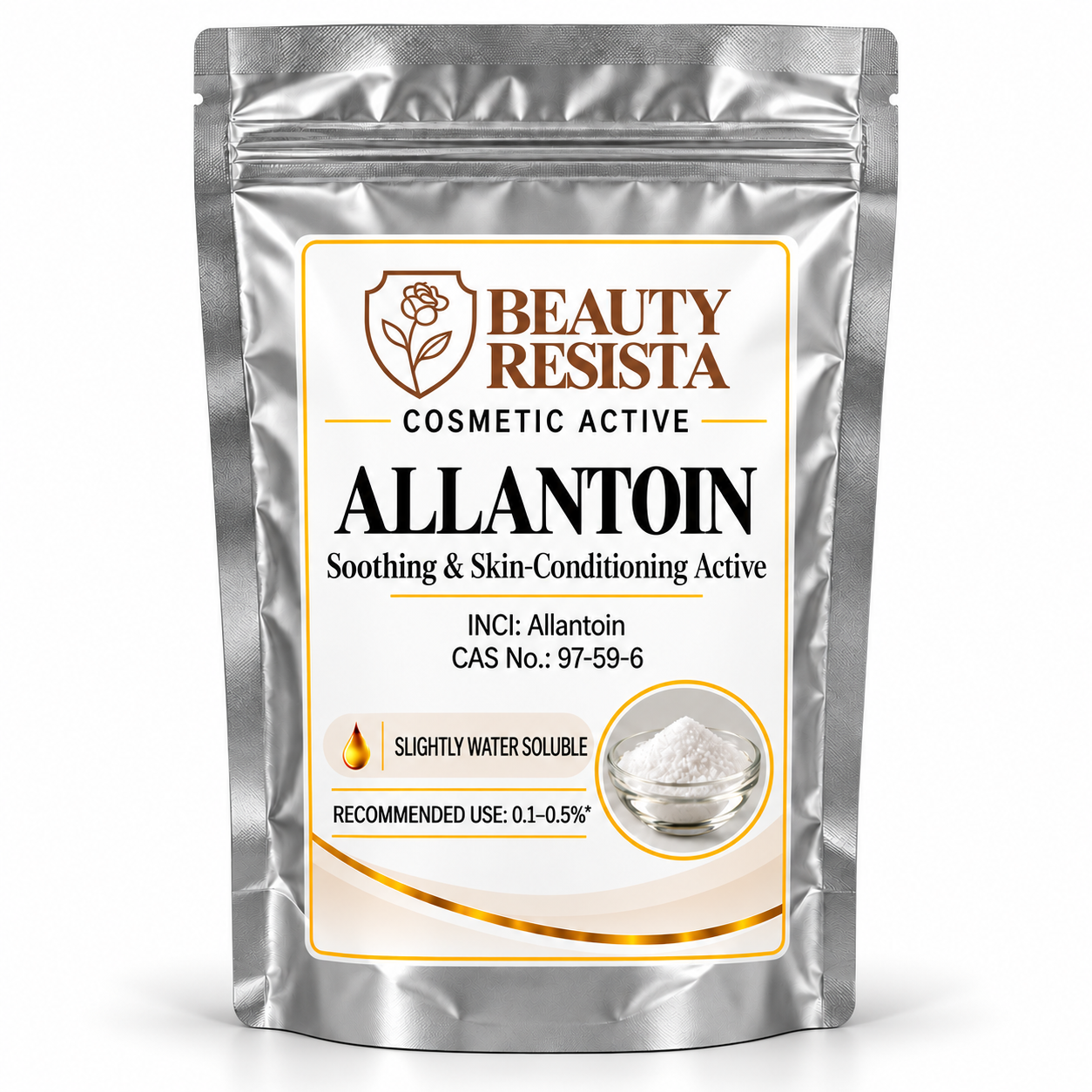 Beauty Resista Allantoin cosmetic-grade skincare raw material for soothing, skin-conditioning, dry, sensitive and rough-skin cosmetic formulations.