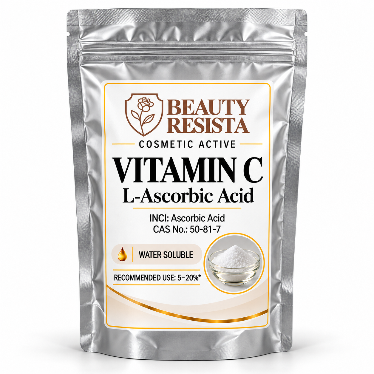 Beauty Resista L-Ascorbic Acid powder in a silver resealable aluminium pouch with a white label, black typography and elegant gold accents.