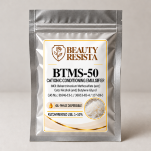Beauty Resista BTMS-50 cosmetic-grade cationic conditioning emulsifier for hair conditioners, hair masks, conditioner bars and leave-in haircare formulations.