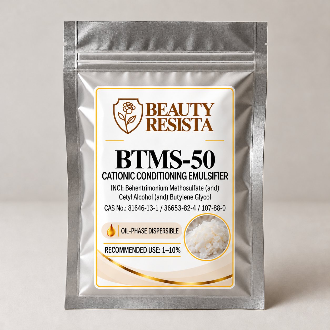 Beauty Resista BTMS-50 cosmetic-grade cationic conditioning emulsifier for hair conditioners, hair masks, conditioner bars and leave-in haircare formulations.
