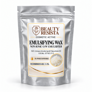 Beauty Resista Emulsifying Wax cosmetic-grade emulsifier in premium packaging for preparing moisturizing creams, body lotions, facial moisturizers and DIY cosmetic emulsions.
