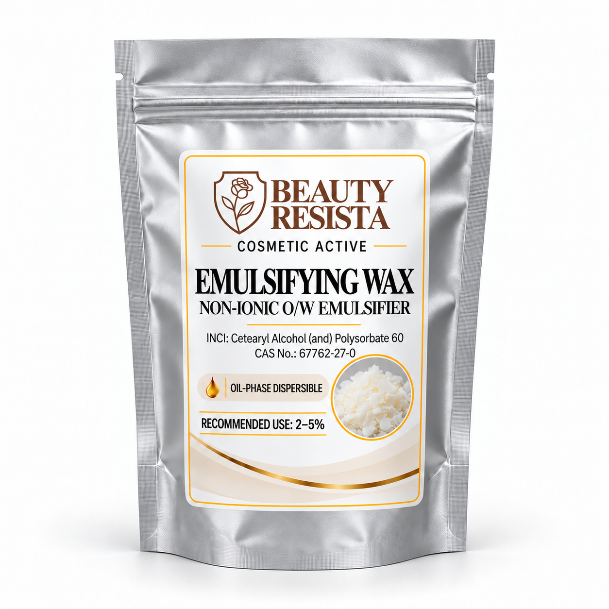 Beauty Resista Emulsifying Wax cosmetic-grade emulsifier in premium packaging for preparing moisturizing creams, body lotions, facial moisturizers and DIY cosmetic emulsions.
