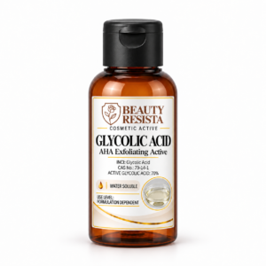Beauty Resista Glycolic Acid cosmetic active in an amber bottle with a black flip-top cap and a white label featuring black typography and gold accents.