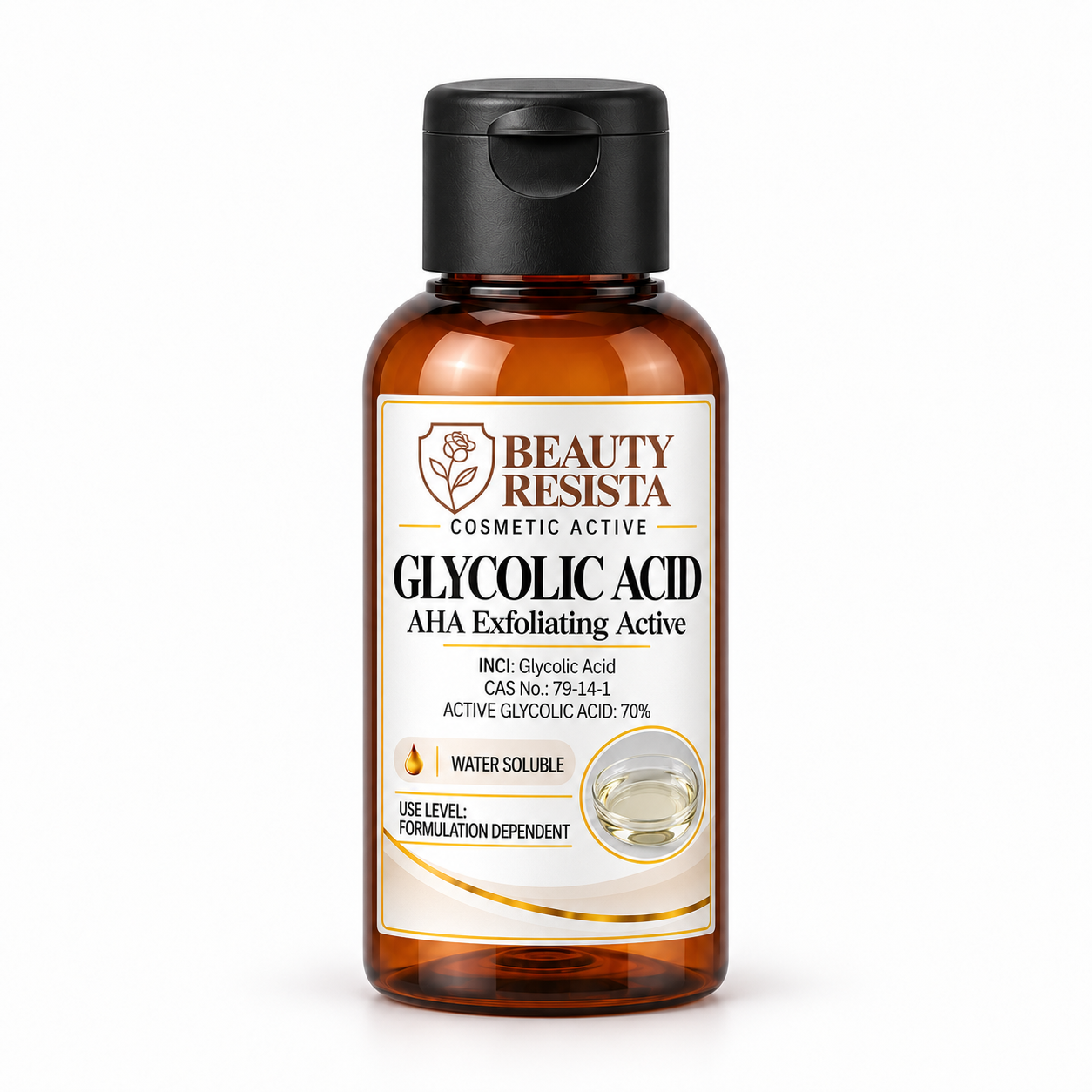 Beauty Resista Glycolic Acid cosmetic active in an amber bottle with a black flip-top cap and a white label featuring black typography and gold accents.