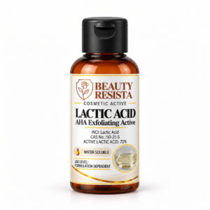 Beauty Resista Lactic Acid cosmetic active in an amber bottle with a black flip-top cap and a premium white label featuring black typography and gold accents.
