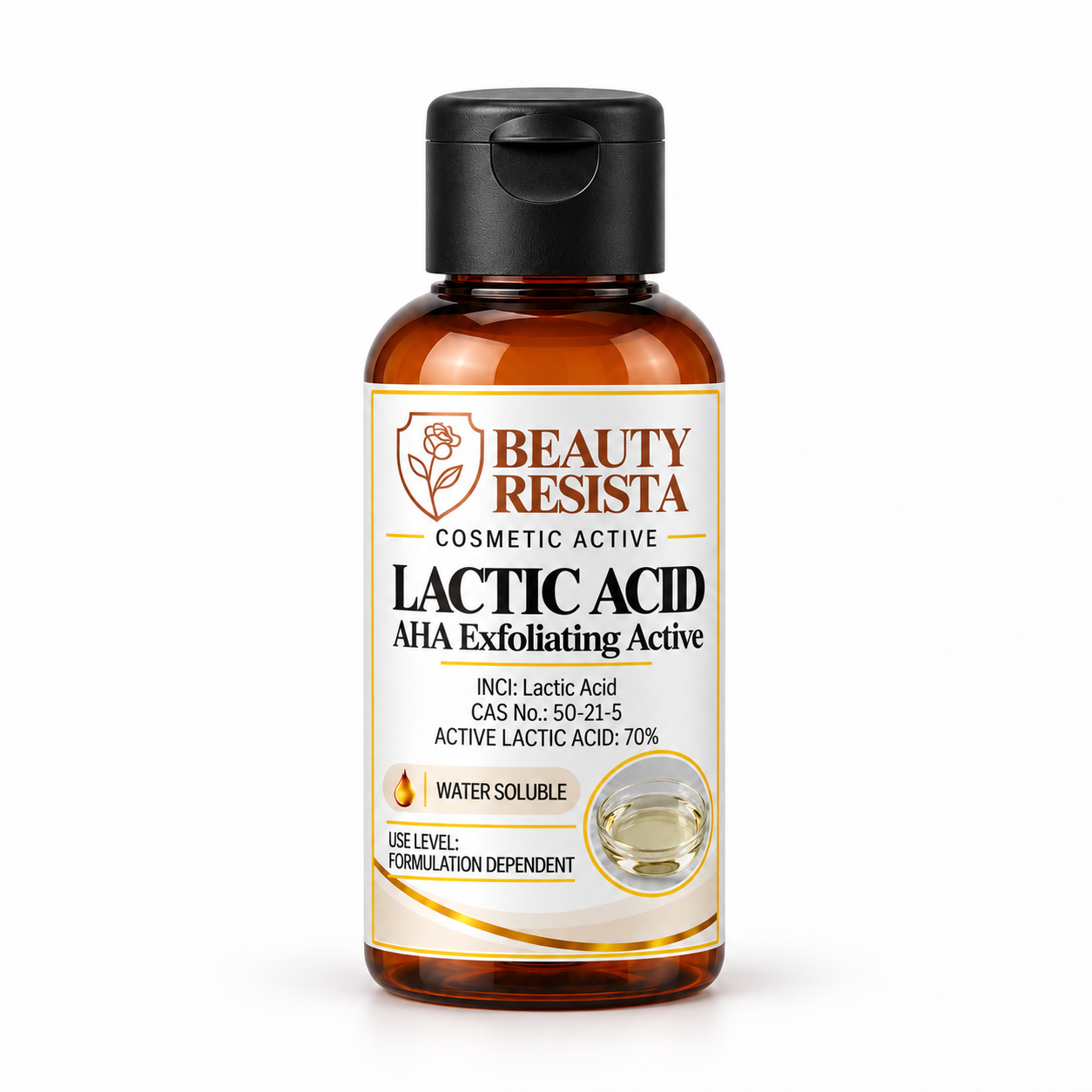 Beauty Resista Lactic Acid cosmetic active in an amber bottle with a black flip-top cap and a premium white label featuring black typography and gold accents.