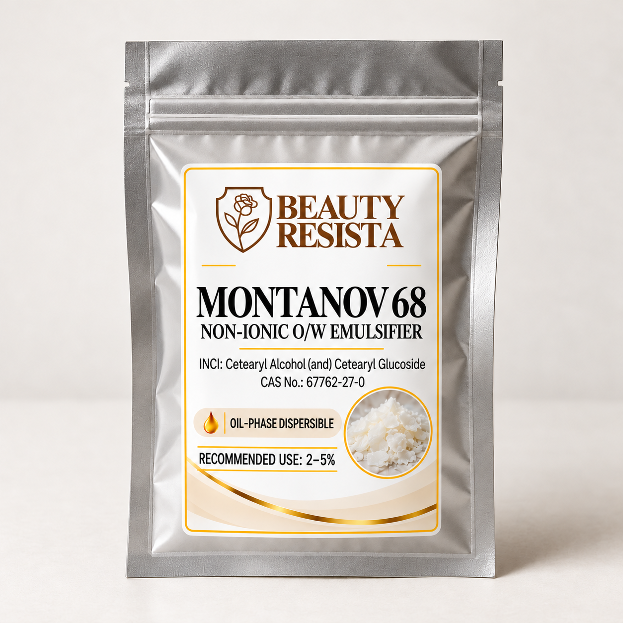Beauty Resista Montanov 68 Cetearyl Alcohol and Cetearyl Glucoside cosmetic-grade nonionic oil-in-water emulsifier for creams, lotions and moisturizing cosmetic formulations.