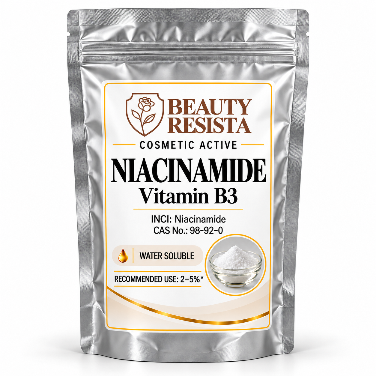 Beauty Resista Niacinamide Vitamin B3 cosmetic-grade skincare raw material for barrier support, oil balance, radiance and even-looking skin-tone formulations.