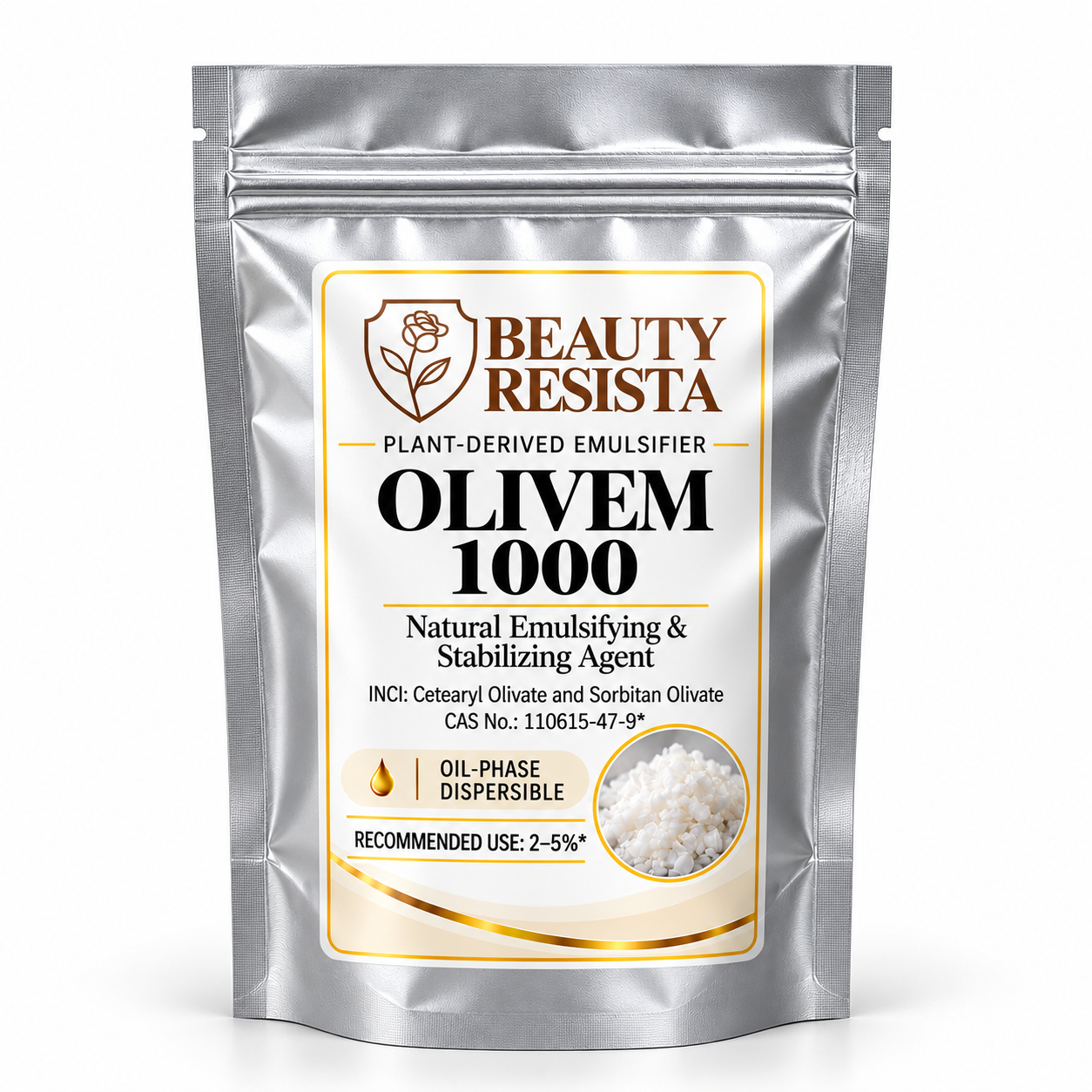 Beauty Resista Olivem 1000 cosmetic-grade Cetearyl Olivate and Sorbitan Olivate nonionic oil-in-water emulsifier for creams, lotions and moisturizing cosmetic formulations.