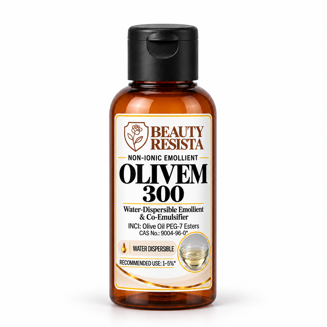 Beauty Resista Olivem 300 Olive Oil PEG-7 Esters cosmetic-grade water-dispersible emollient and co-emulsifying ingredient for skincare, cleansers and haircare formulations.