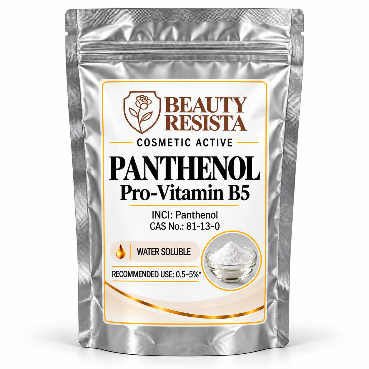 Beauty Resista Panthenol Pro-Vitamin B5 cosmetic-grade raw material for hydrating, soothing, skin-barrier-support and hair-conditioning formulations.