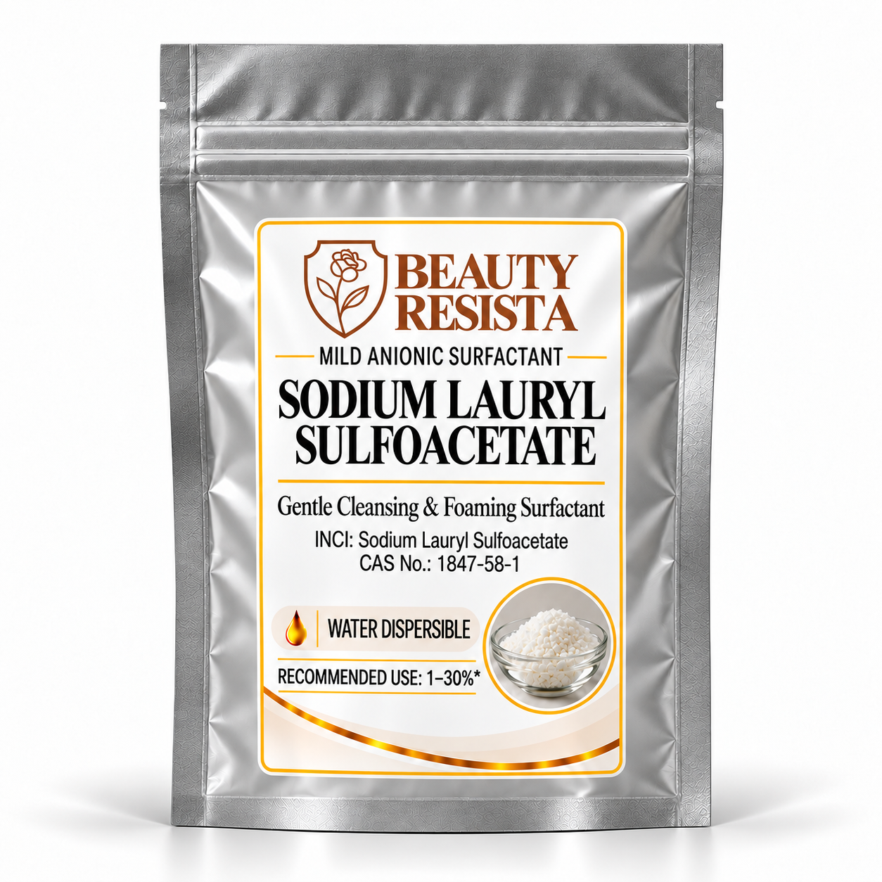 Beauty Resista Sodium Lauryl Sulfoacetate SLSA cosmetic-grade anionic surfactant raw material for high-foaming cleansers, shampoo bars, syndet bars, powder cleansers and bath formulations.