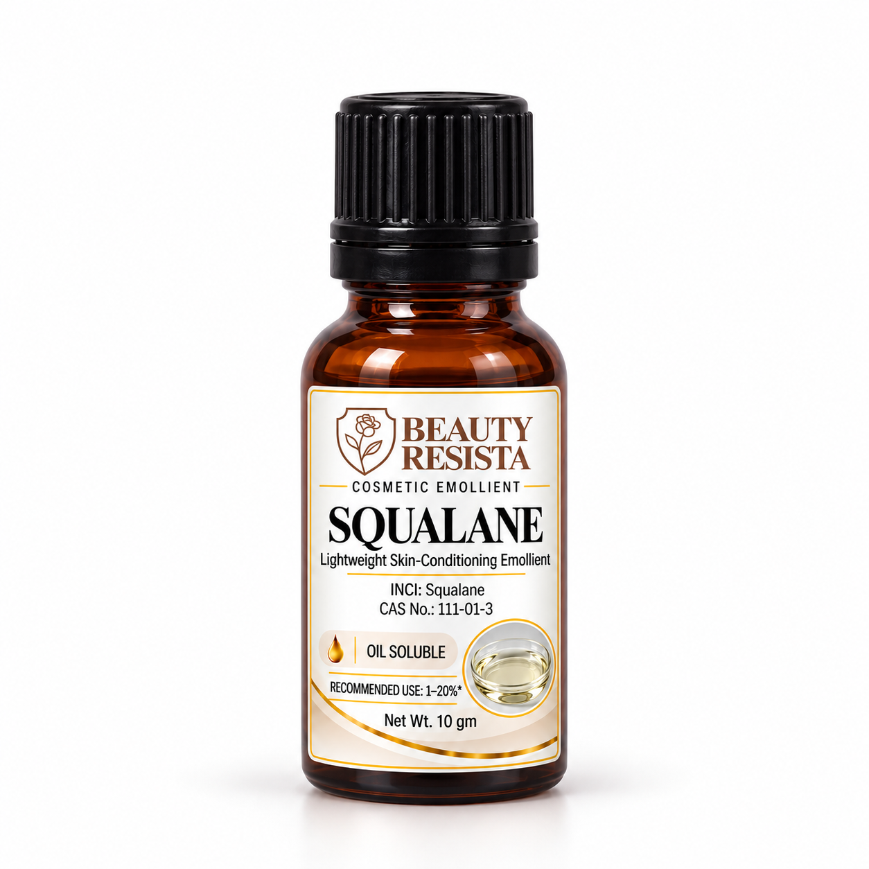 Beauty Resista Squalane cosmetic-grade lightweight emollient for moisturizing, skin-barrier-support, facial oil and hair-conditioning formulations.