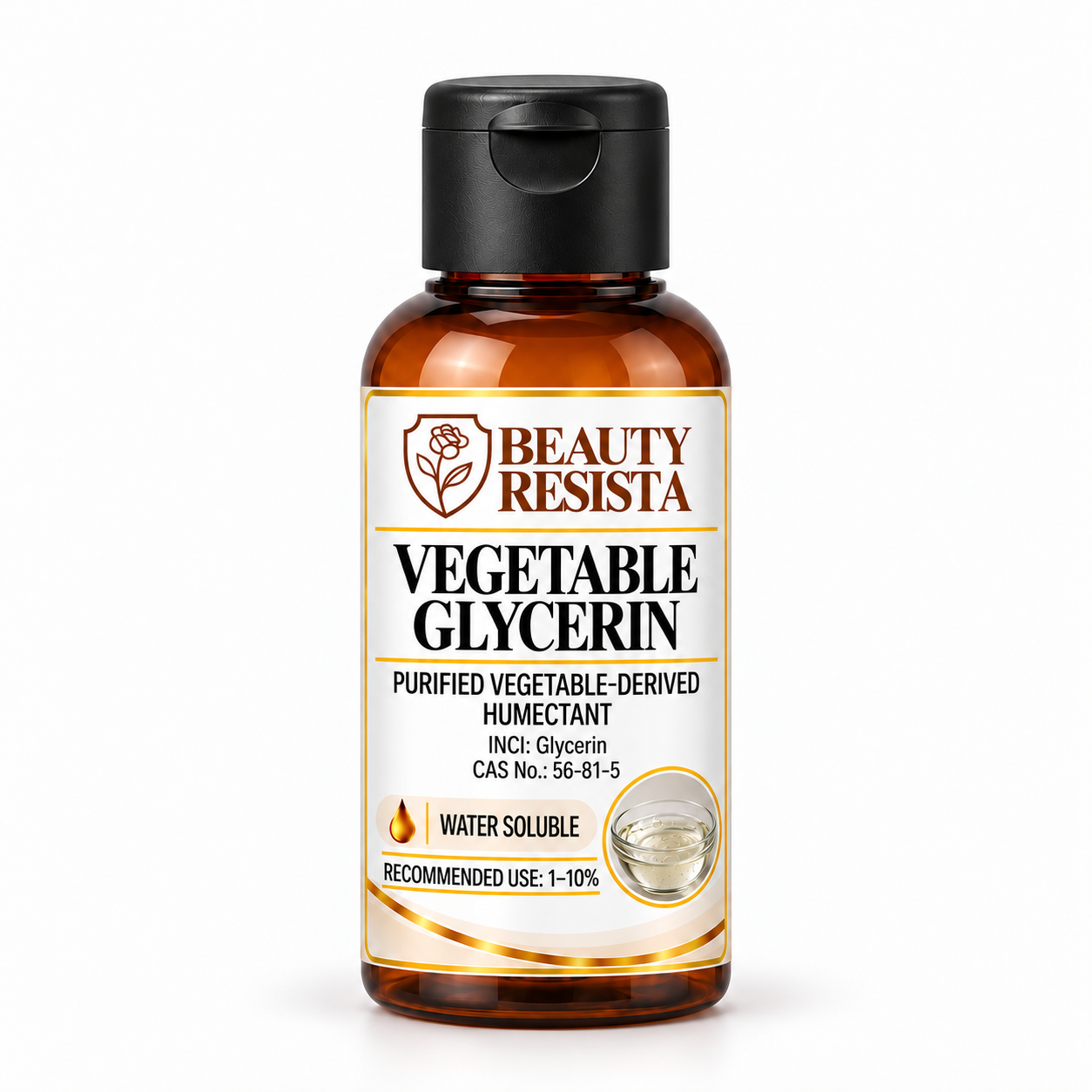 Beauty Resista Vegetable Glycerin cosmetic-grade humectant raw material for hydrating skincare, haircare, creams, lotions, serums and cleansing formulations.