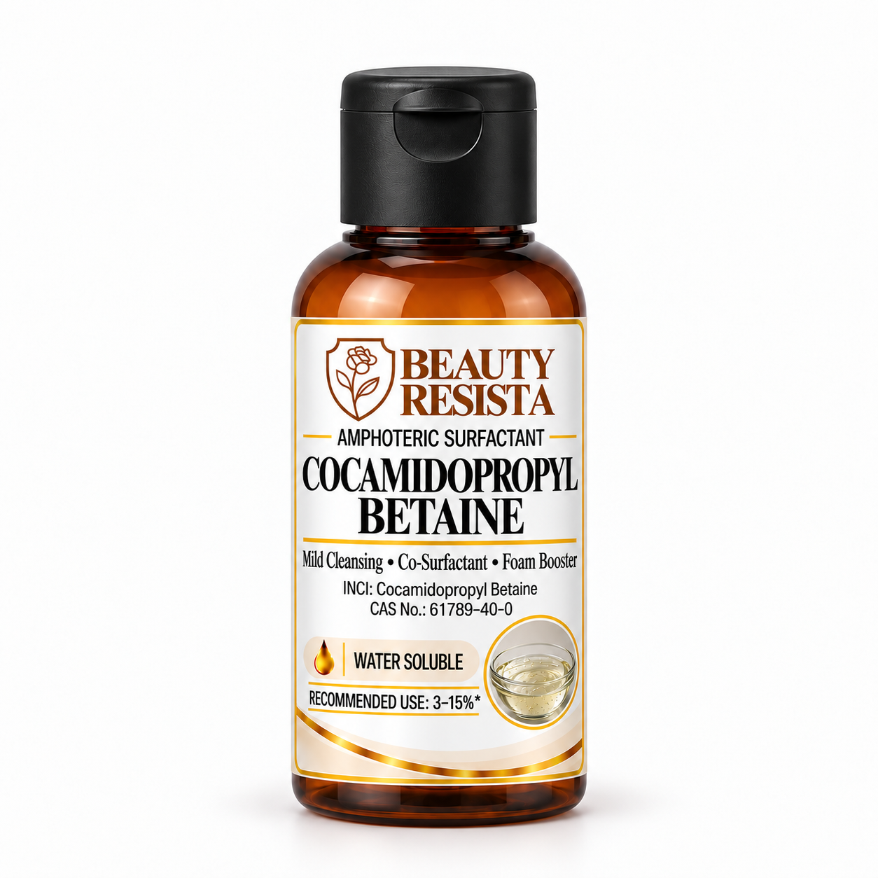 Beauty Resista Cocamidopropyl Betaine CAPB cosmetic-grade amphoteric surfactant raw material for gentle facial cleansers, shampoos, body washes and foaming rinse-off formulations.