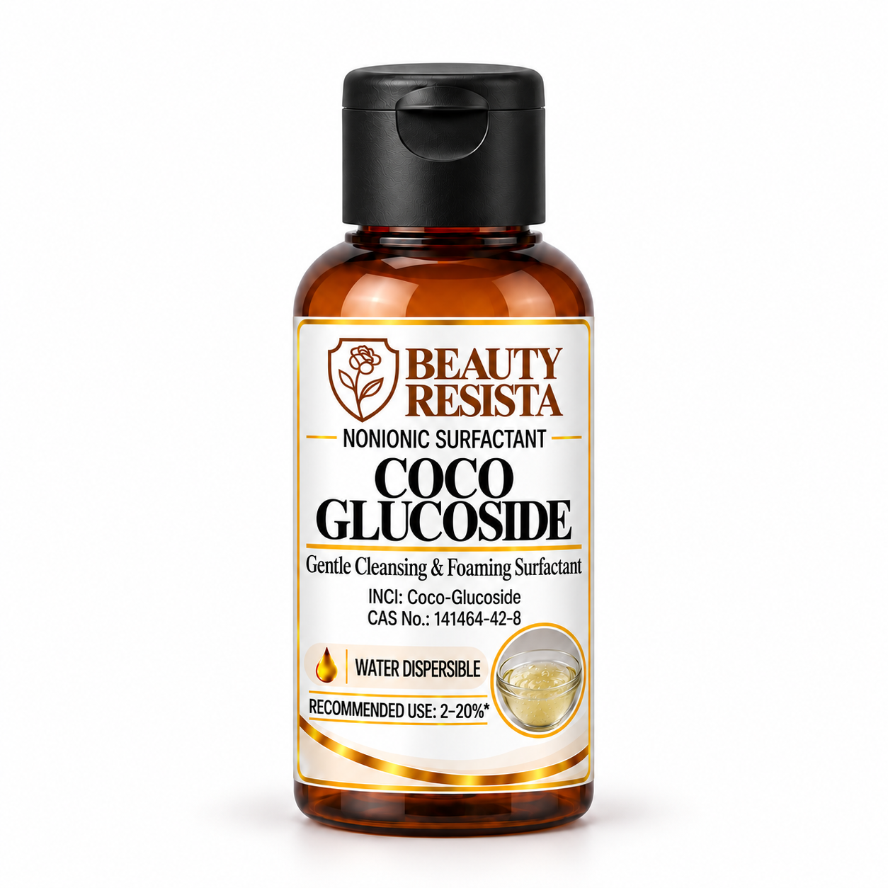 Beauty Resista Coco Glucoside cosmetic-grade nonionic APG surfactant raw material for gentle facial cleansers, shampoos, body washes and rinse-off cosmetic formulations.