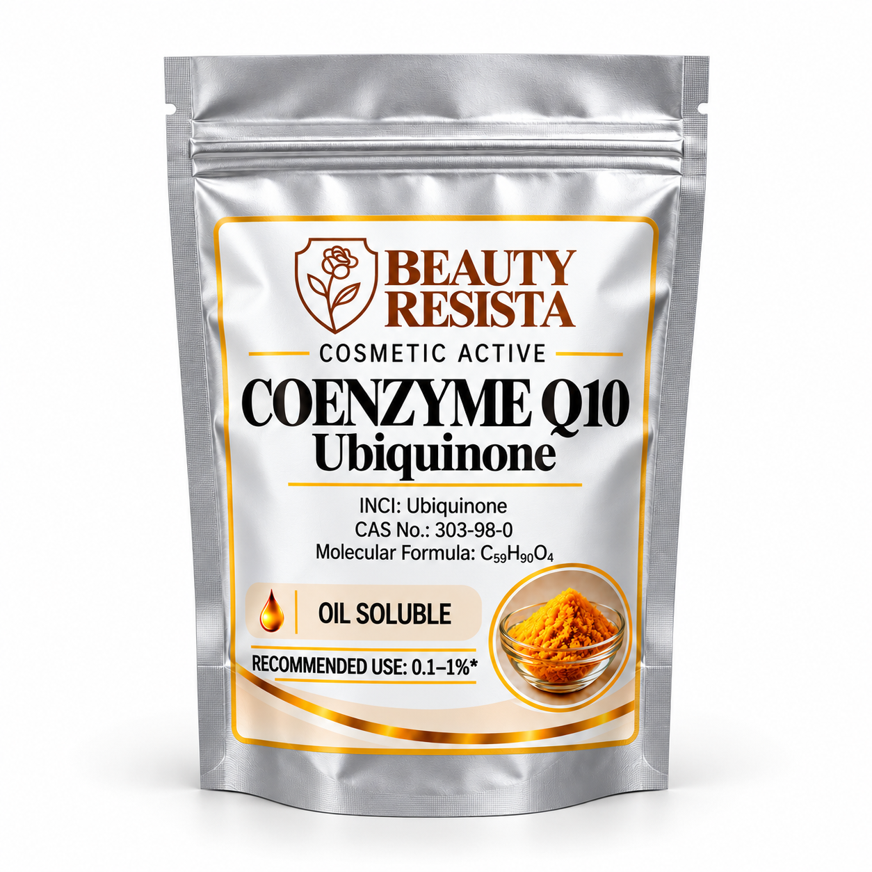 Beauty Resista Coenzyme Q10 (Ubiquinone) cosmetic-grade antioxidant powder for healthy-aging skincare, facial oils, antioxidant serums and nourishing cream formulations.