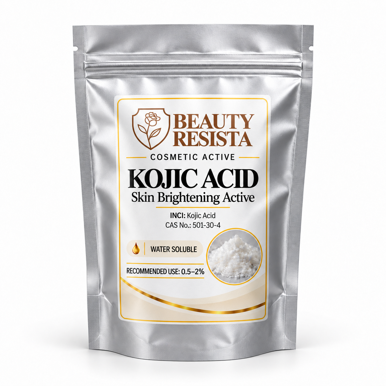 Beauty Resista Kojic Acid cosmetic-grade skincare raw material for brightening, radiance, uneven-looking skin tone and dark-spot appearance formulations.