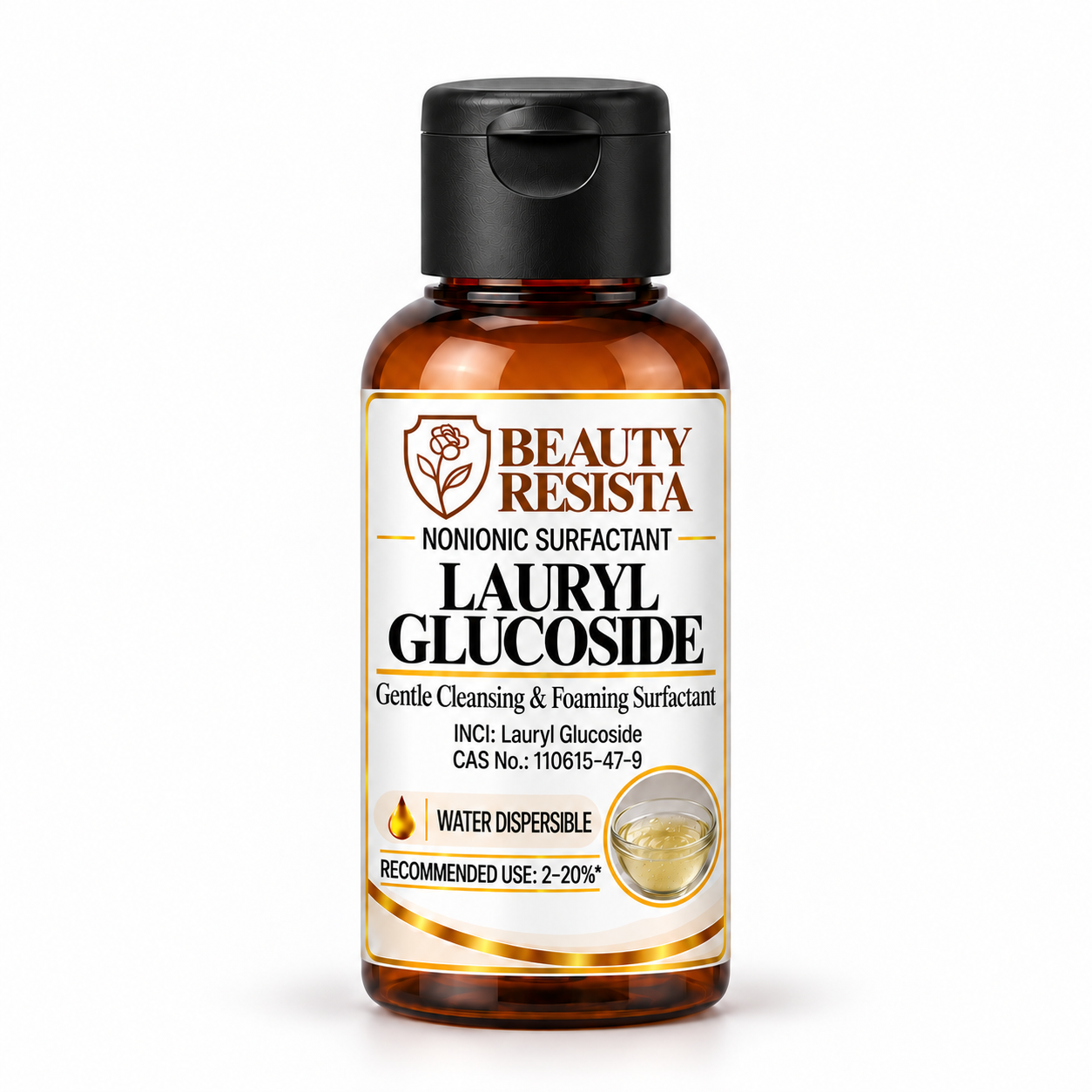 Beauty Resista Lauryl Glucoside cosmetic-grade nonionic APG surfactant raw material for gentle facial cleansers, shampoos, body washes and rinse-off cosmetic formulations.
